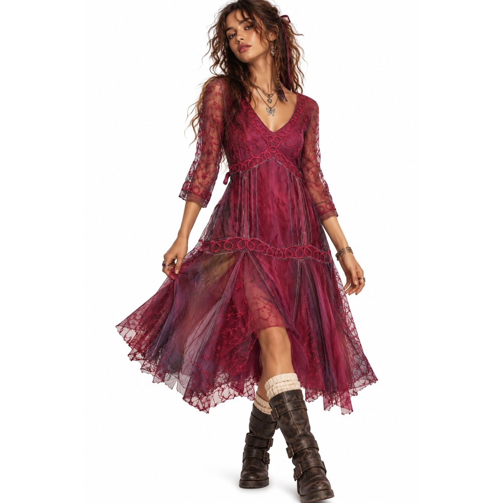 Age of Love by Nataya Midi Dress sz M Burgundy Mesh Embroidered Fairy Grunge